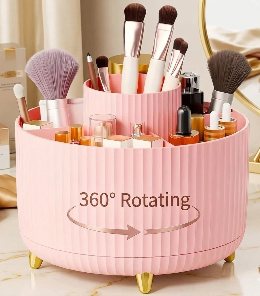 360° Rotating Makeup Organizer – 5-Compartment Durable Plastic Caddy