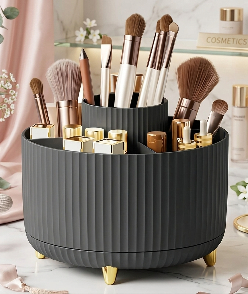 360° Rotating Makeup Organizer – 5-Compartment Durable Plastic Caddy