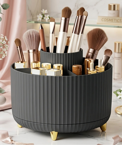 360° Rotating Makeup Organizer – 5-Compartment Durable Plastic Caddy