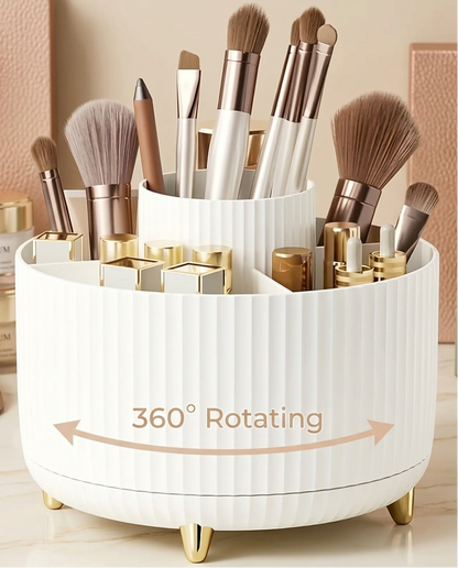360° Rotating Makeup Organizer – 5-Compartment Durable Plastic Caddy
