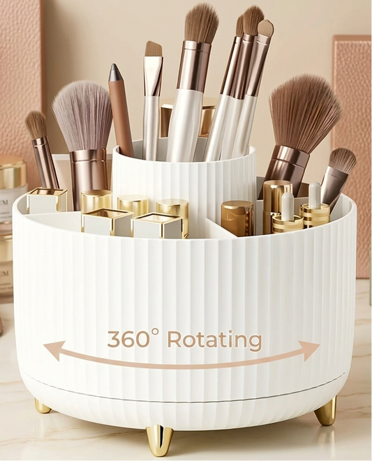 360° Rotating Makeup Organizer – 5-Compartment Durable Plastic Caddy