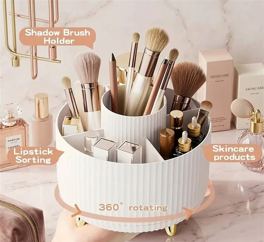 360° Rotating Makeup Organizer – 5-Compartment Durable Plastic Caddy