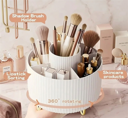 360° Rotating Makeup Organizer – 5-Compartment Durable Plastic Caddy