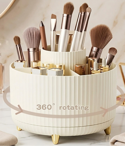 360° Rotating Makeup Organizer – 5-Compartment Durable Plastic Caddy