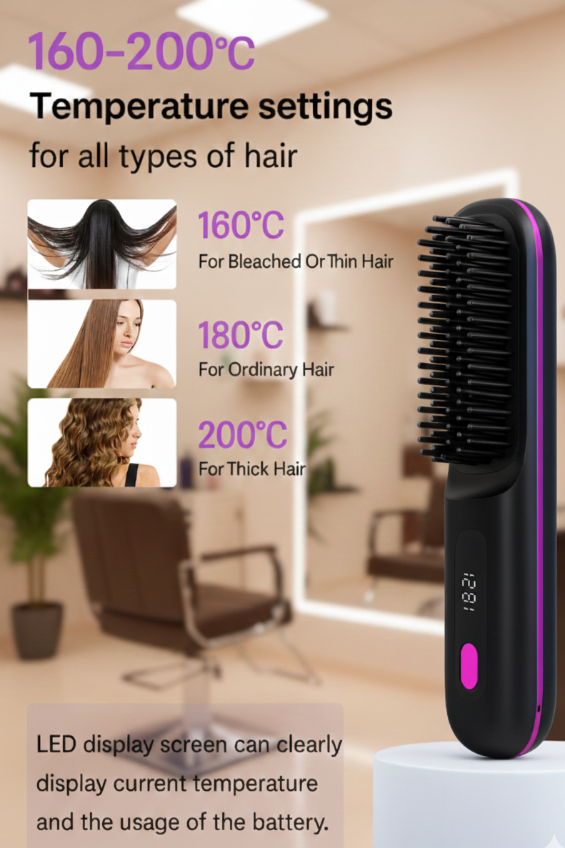 Cordless Hair Straightening Brush – Rapid-Heating, Lightweight & Travel-Ready