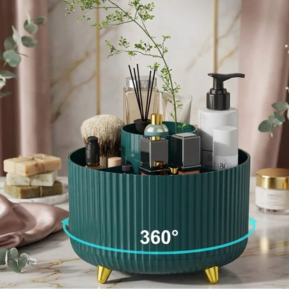 360° Rotating Makeup Organizer – 5-Compartment Durable Plastic Caddy